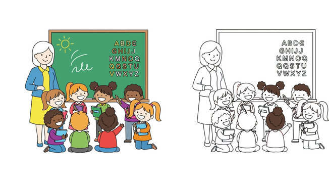 Happy teacher and diverse students group in classroom learning alphabet, coloring book page vector illustration