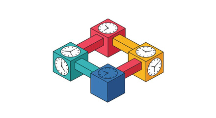 Obraz premium Time Synchronization Network Concept. Isometric Cubes with Clocks Representing Global Workflow, Distributed System Management, and Efficiency.
