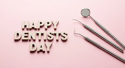 Wooden text happy dentists day with dental tools on pink background