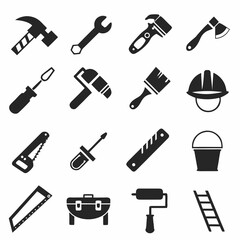 Obraz premium A set of black and white vector icons depicting various construction and hand tools