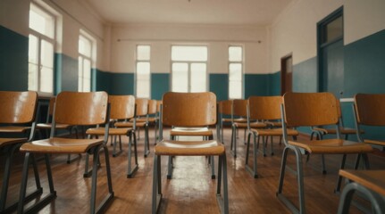 Empty Classroom with Wooden Chairs and Natural Light, Representing Education or Training Environments