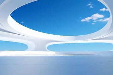White curved architecture creating a minimalist and futuristic open space under a blue sky
