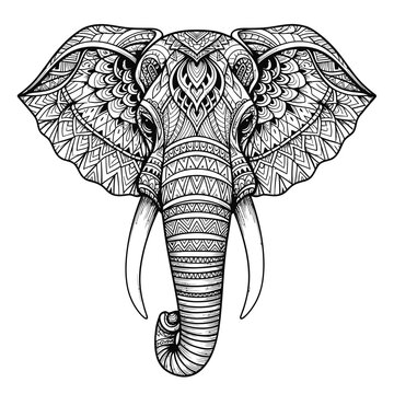 Intricate black and white illustration of an elephant head with detailed mandala and tribal patterns.