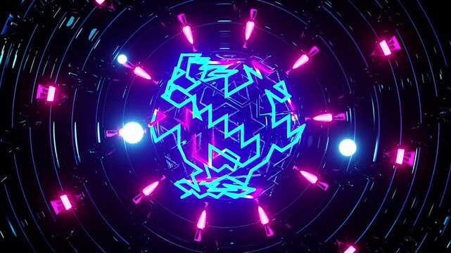 An abstract sphere made of shiny neon tubes, framed by rotating mechanical structures and neon on a seamless loop. Ideal for visualizing audio beats in music videos, nightclubs, and stage performances