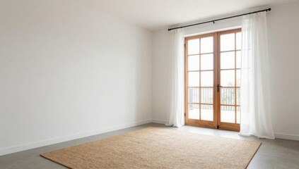 Obraz premium Bright minimalist interior featuring a neutral rug and double doors leading to a terrace