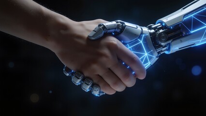 Human hand shaking with robotic arm