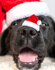 Hund mit Weihnachtsm&uuml;tze tr&auml;gt eine Mini Weihnachtsm&uuml;tze auf seiner Nase.