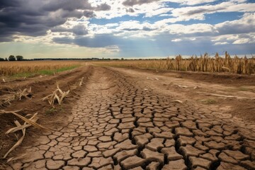 Fototapeta premium Cracked earth reveals severe drought impacting withered crops and agricultural land