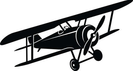 Vintage biplane aircraft silhouette, retro propeller airplane side view illustration isolated on white background, classic aviation transport icon design © ab