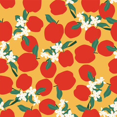 Seamless pattern with red apples and white apple blossoms in flat vector style. Repeating botanical fruit background perfect for textile, wrapping paper, packaging and surface design.