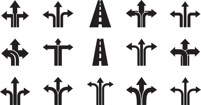 Black road and arrow direction signs on white background road signs arrow signs black and white traffic signs