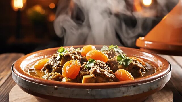 Moroccan Tagine Pot Opened to Reveal Steaming Meat Stew 4K Video