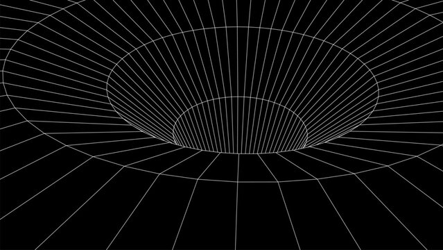 Abstract wireframe tunnel. Black science wormhole. Vector 3D portal grid. Futuristic fantasy funnel.