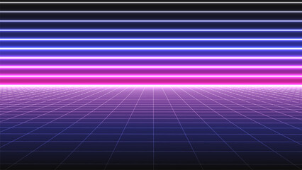 Retro fantastic background of the 80s. Vector wireframe landscape with night sky. Futuristic colors neon scenery. © Flow 37