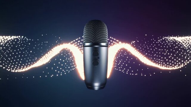 Professional Microphone Icon with Glowing Sound Waves Background