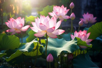 Pink lotus flowers blooming with green leaves floating in a serene pond during sunlight