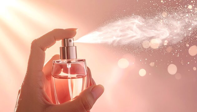 Hand spraying perfume with mist and sparkles against soft light fragrance atomiser