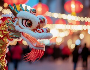 a high-energy shot of a vibrant red and gold chinese dragon weaving through a cheering crowd during a lunar chinese new year festival