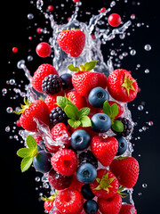 Vibrant mixed berries in splash, a delightful and refreshing display of freshness