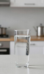 Glass of fresh water standing on kitchen counter with blurred domestic interior background
