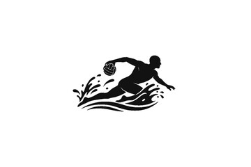 Fototapeta premium Water Polo Action Silhouette: A dynamic silhouette showcases a water polo player mid-action, propelling the ball amidst a flurry of aquatic spray and embodying the sport's energy.