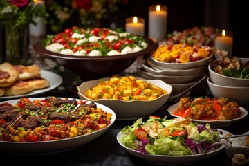 Obraz premium Buffet table showcasing a variety of appetizers, main courses, and fresh salads with candlelight