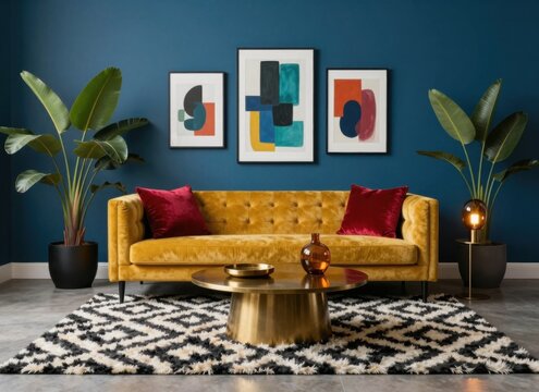Stylish Living Room with Gold Sofa, Abstract Art, and Lush Plants Against a Teal Wall