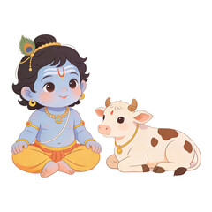 Fototapeta premium Little boy child Krishna cartoon sitting beside cow cut out character illustration on transparent background for Janmashtami celebration.
