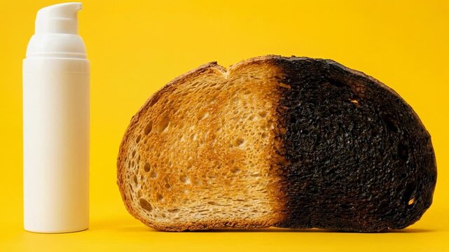 White sunscreen bottle standing next to a slice of bread that is half toasted and half burnt to represent skin protection against painful sunburn and harmful ultraviolet radiation damage