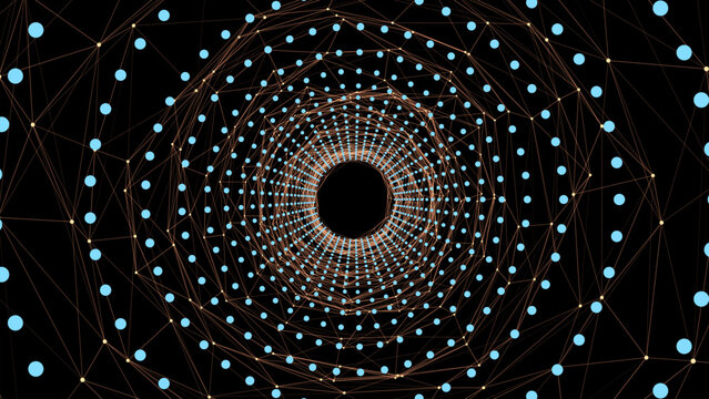 Abstract wireframe circular tunnel. Vector colors wormhole. 3D portal grid. Futuristic fantasy funnel.