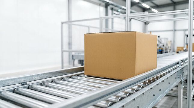 Cardboard box on roller conveyor belt in modern warehouse