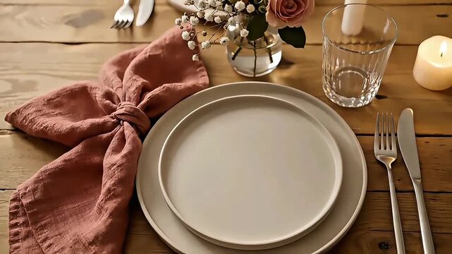 Romantic dinner setup on a rustic wooden table with a round plate, delicious meal, and a festive Valentine's Day celebration