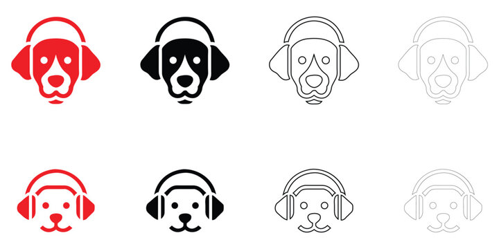 dog head with headphone icon vector, dog using headphone vector, silhouette and line art illustration