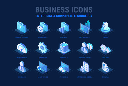 Technology icons set for Business and Enterprise workflow diagram - Corporate AI, AI automation, Business strategy, growth, kpi, compliance, AI decision support - high quality isometric vector	