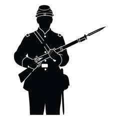 Fototapeta premium Black silhouette of a soldier with a rifle white