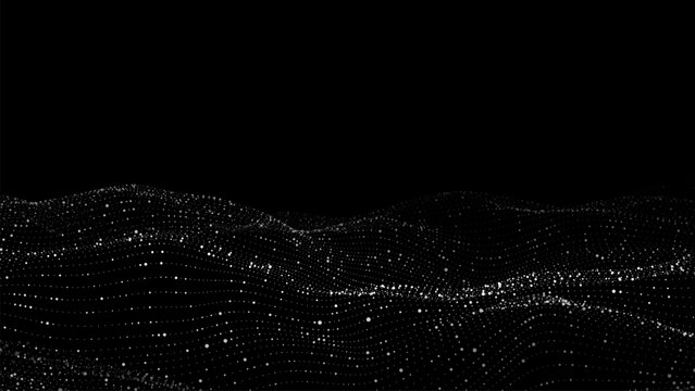 Futuristic digital wave. Dark cyberspace. Abstract vector wave with dots. White moving particles on a black background.