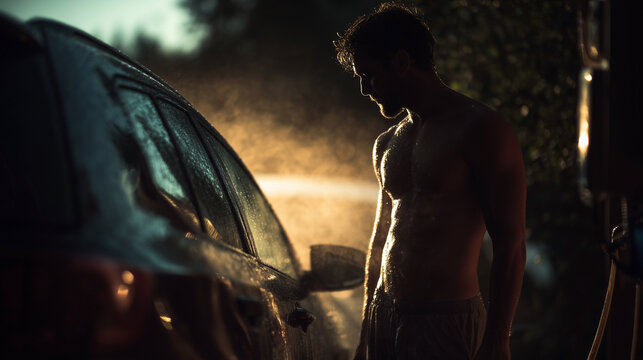 A man is standing in front of a car that is being washed