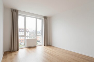 Fototapeta premium Bright Empty Room Interior with Large Window and Wooden Floor, Ideal for Real Estate Staging