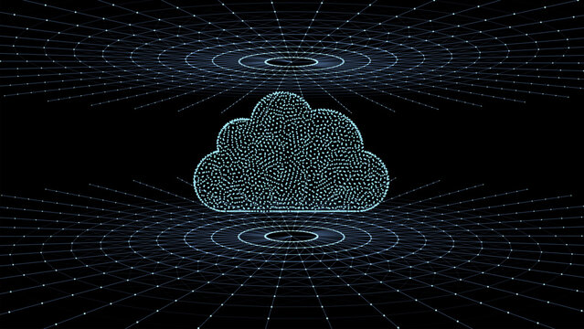 Abstract cloud computing concept with glowing digital cloud surrounded by futuristic circular data interfaces. Symbol cloud technology, network connection. Blue technology background. Vector.