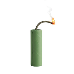 Obraz premium A green cylindrical object with a burning fuse on top against a black background on transparent background