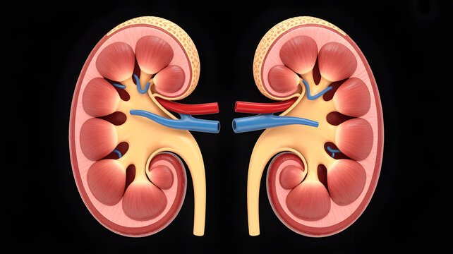 Human kidneys anatomy, bean-shaped organs with internal cortex and medulla visible, cross-section medical illustration, detailed render