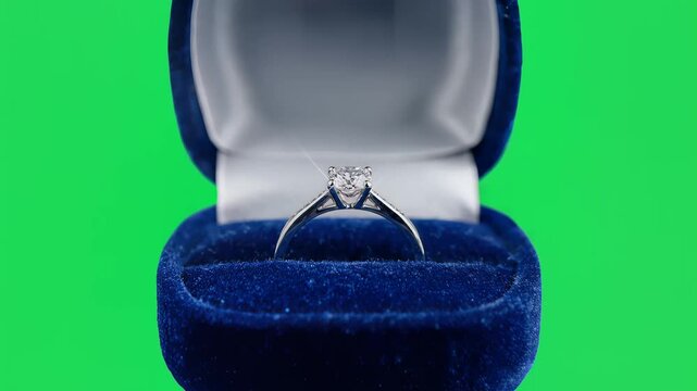 A diamond ring sits in an open blue velvet jewelry box on a green background