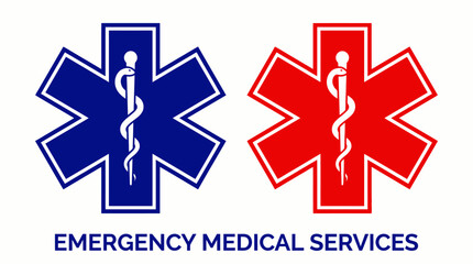 Obraz premium Star of Life Vector – Blue and Red Emergency Medical Symbols with Rod of Asclepius, Healthcare Icon, EMS Representation, Rescue Services, Medical Aid Graphics
