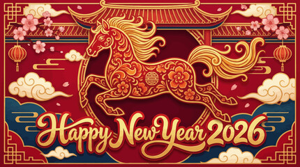 Chinese New Year 2026 Vector &ndash; Zodiac Horse with Floral Patterns, Lanterns, Clouds, Cherry Blossoms, Traditional Architecture, Festive Red Gold Blue Holiday Celebration Graphics