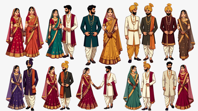 Indian wedding couple vector character set. Collection of traditional bride and groom cartoons wearing colorful saree and sherwani standing in various poses isolated on white.
