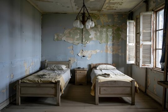 Bedroom with two wooden beds inside an old, abandoned house