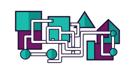 Abstract System Network Flow. Geometric block diagram connected by pipes. Teal and purple complex digital infrastructure illustration.