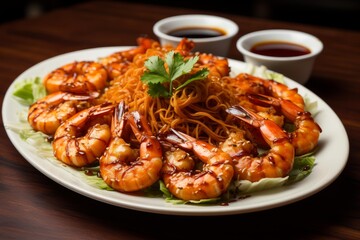 Plate featuring glazed shrimp with noodles, sesame seeds, and fresh cilantro, with dipping sauces