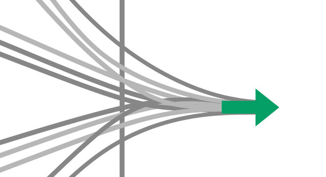Unified Direction and Synergy: Data streams converging into a powerful green arrow, representing business merger, focus, strategy, and efficient goal achievement.
