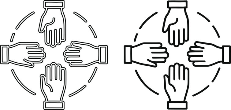 Four Hands Unity Circle Icon Set - Teamwork Collaboration and Solidarity Symbol in Outline Style.